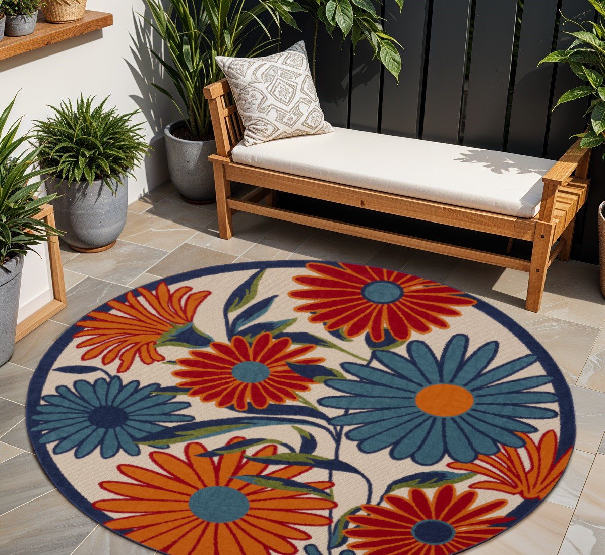 8' Ivory Orange and Blue Round Floral Indoor Outdoor Area Rug-527639-1