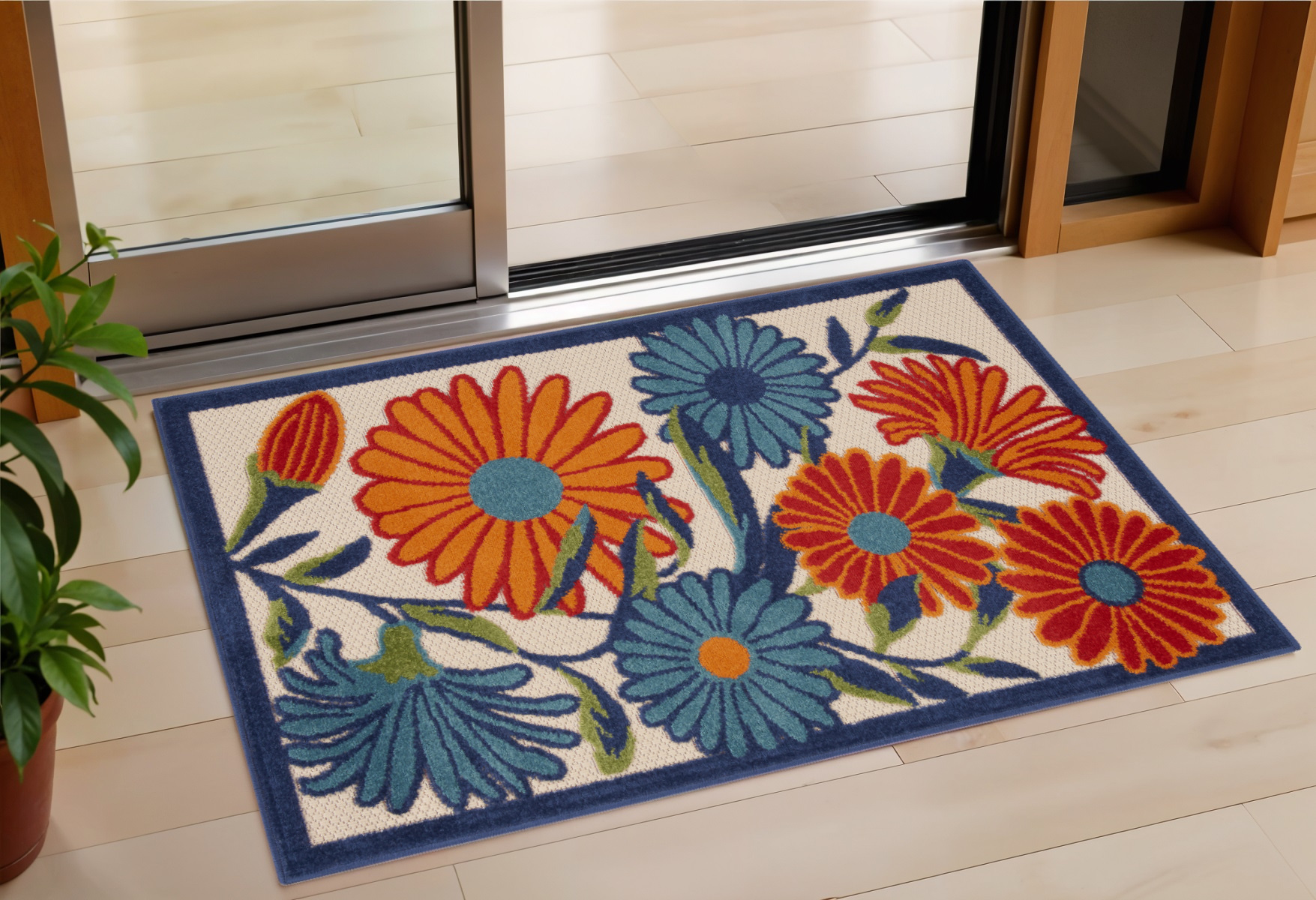 3' X 4' Ivory Orange and Blue Floral Indoor Outdoor Area Rug-527640-1