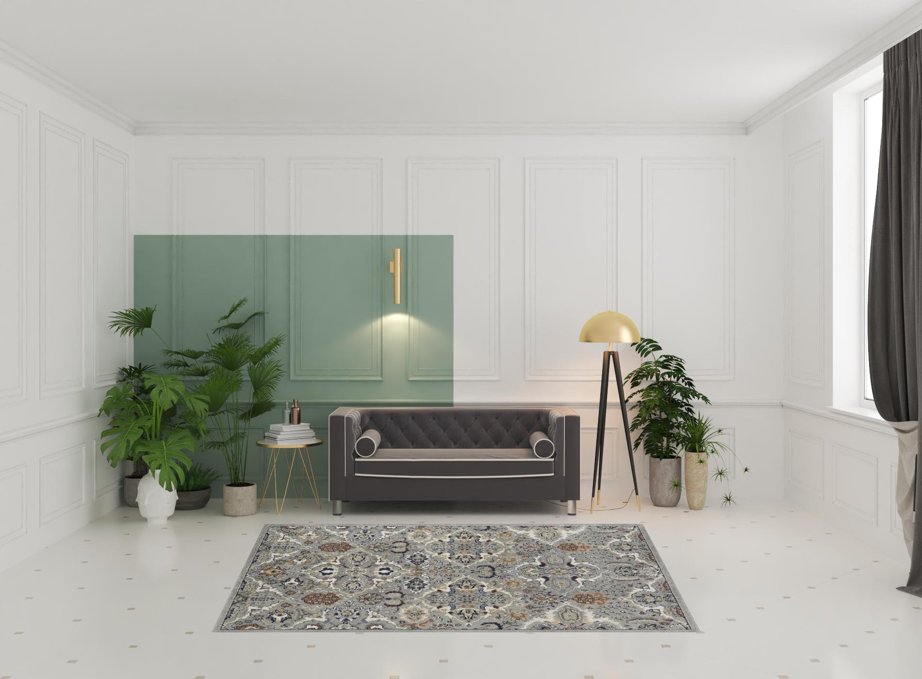 6 x 9 green and Ivory Floral Power Loom Area Rug