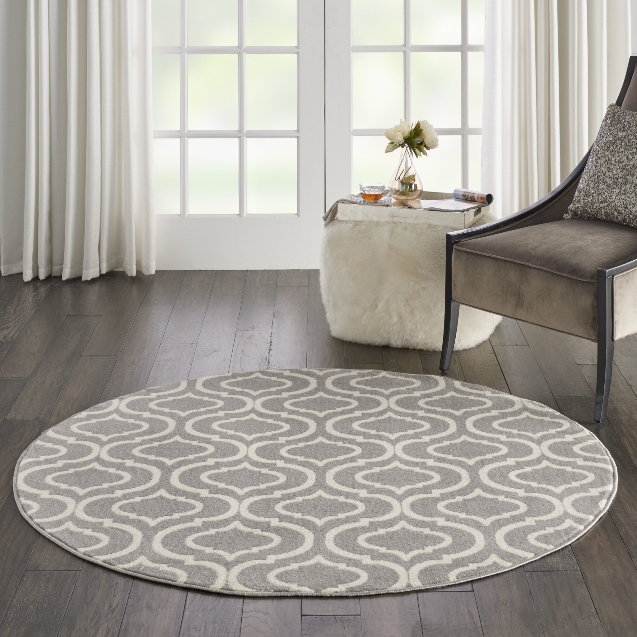 5" Gray Round Moroccan Power Loom Area Rug