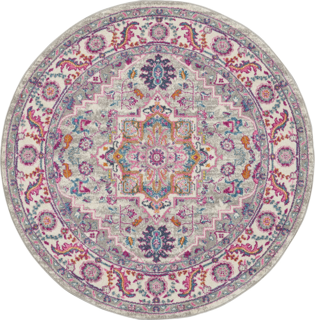 4' Gray Round Floral Power Loom Area Rug-527733-1