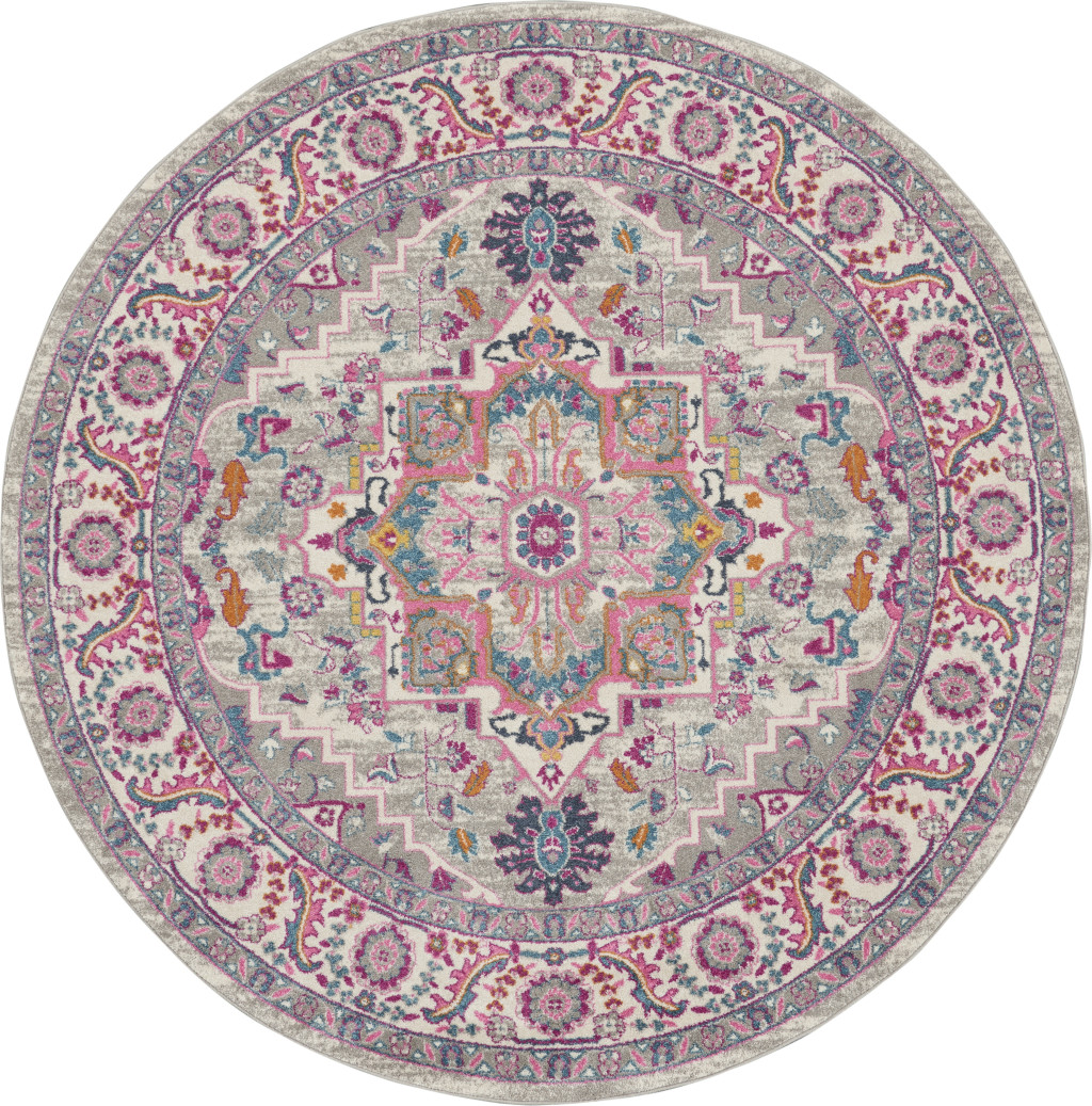 8' Gray Round Floral Power Loom Area Rug-527734-1