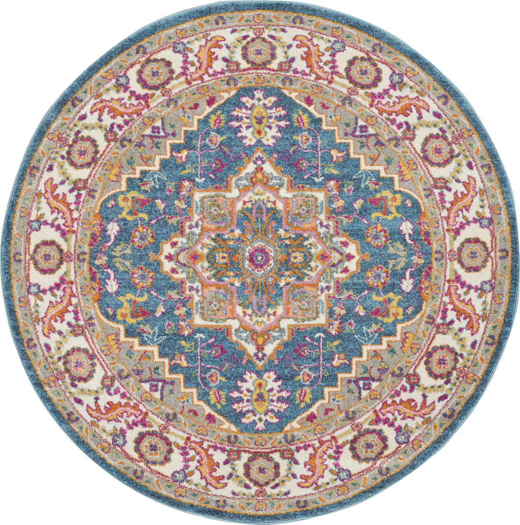 4 gray Round Floral Power Loom Area Rug