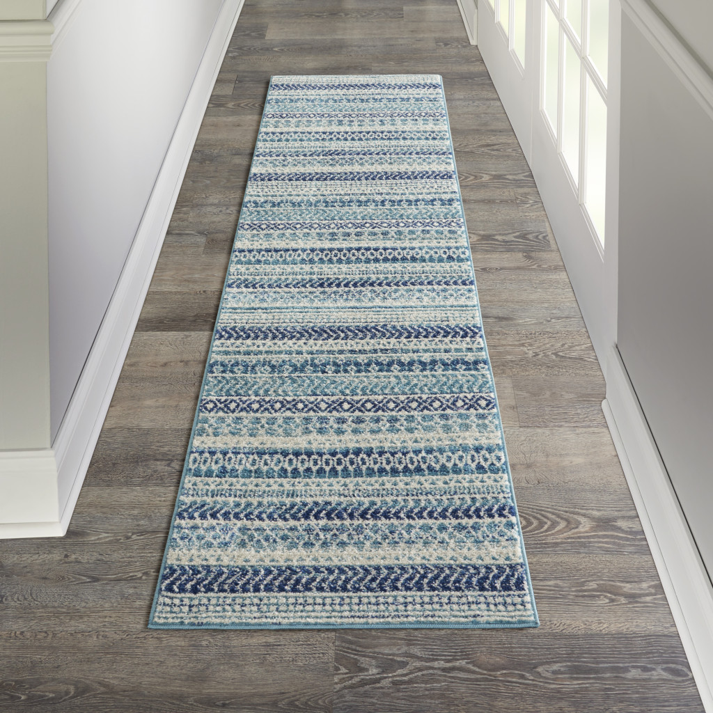 10" Navy Blue Floral Power Loom Runner Rug