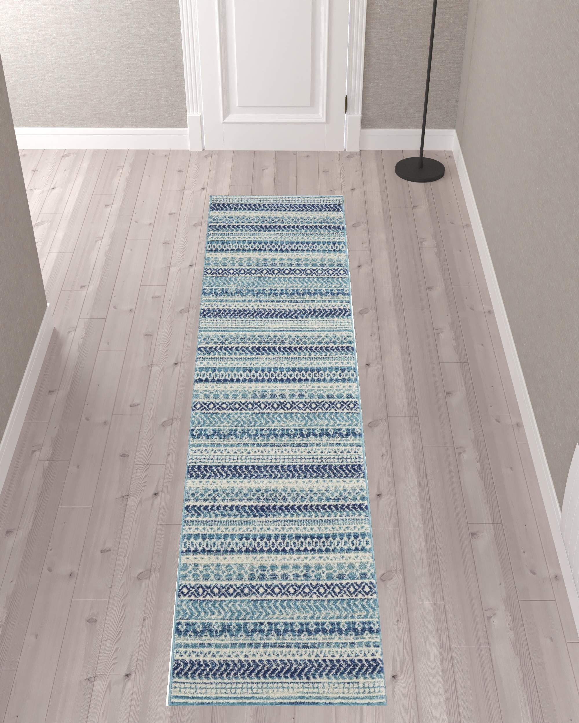 10" Navy Blue Floral Power Loom Runner Rug