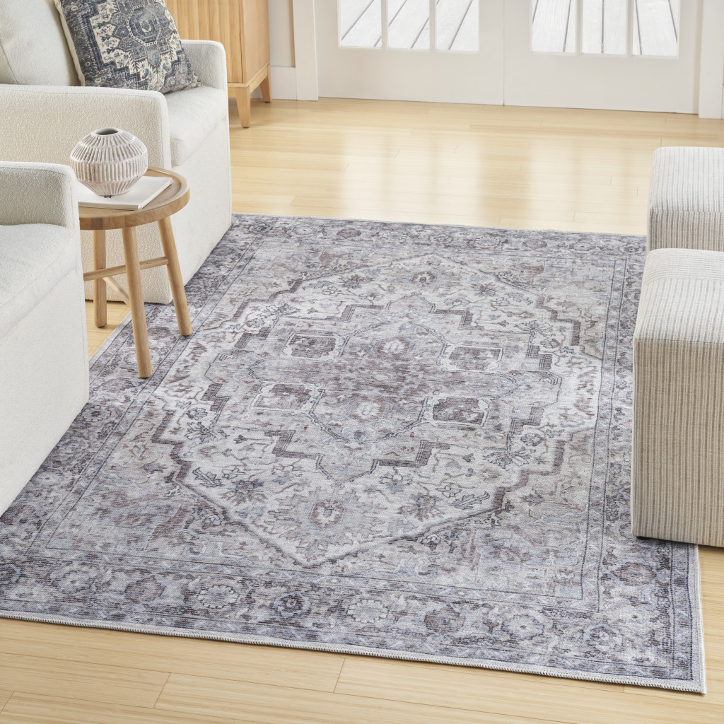 8" X 10" Blue And Pink Floral Power Loom Distressed Washable Area Rug