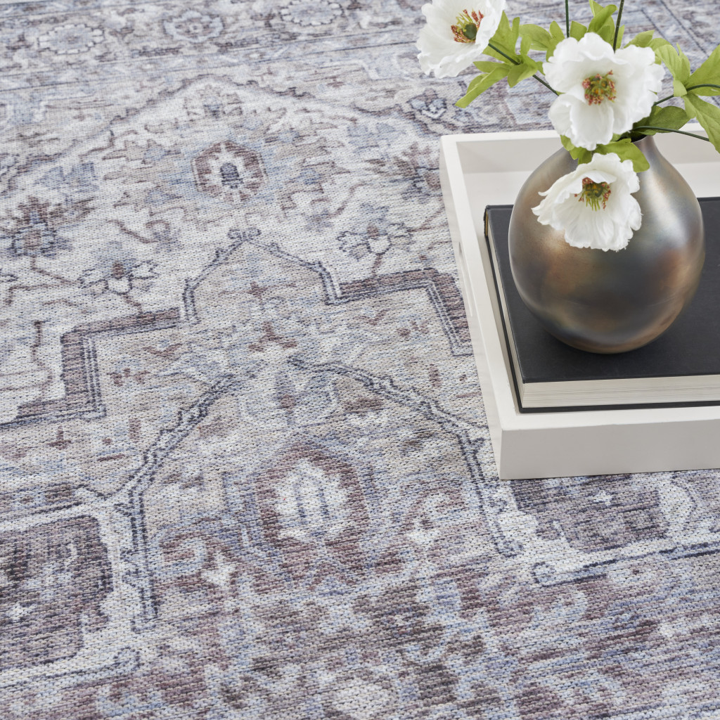 8" X 10" Blue And Pink Floral Power Loom Distressed Washable Area Rug
