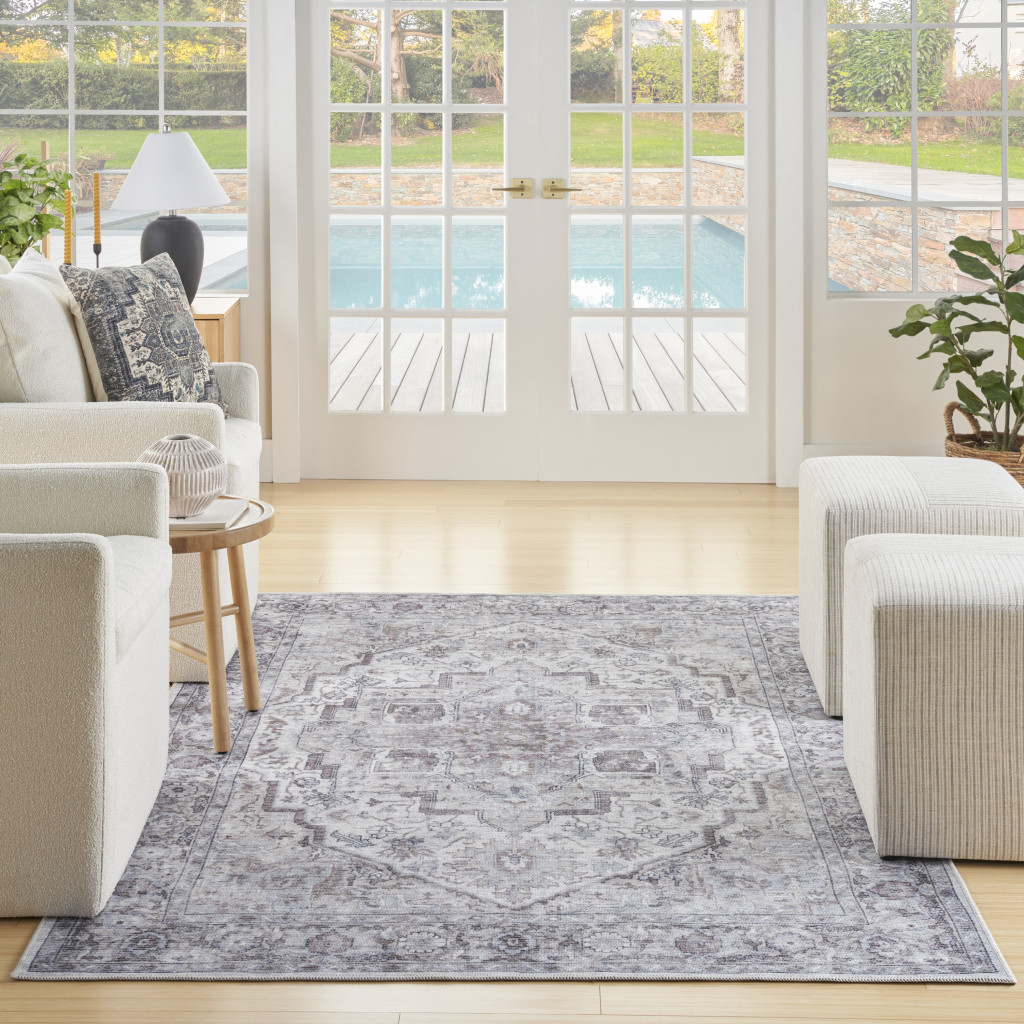 8" X 10" Blue And Pink Floral Power Loom Distressed Washable Area Rug
