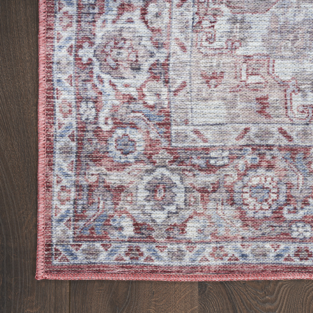 8" X 10" Blue And Pink Floral Power Loom Distressed Washable Area Rug