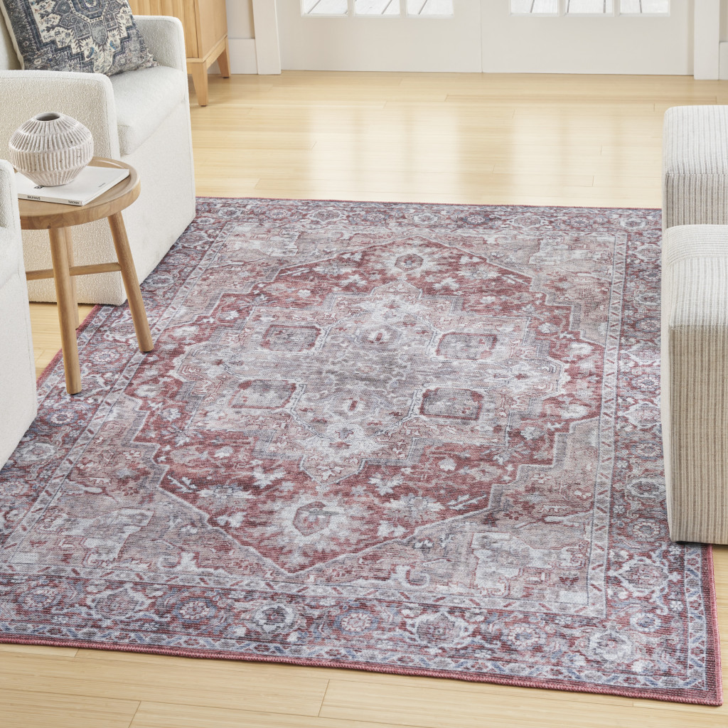 8" X 10" Blue And Pink Floral Power Loom Distressed Washable Area Rug