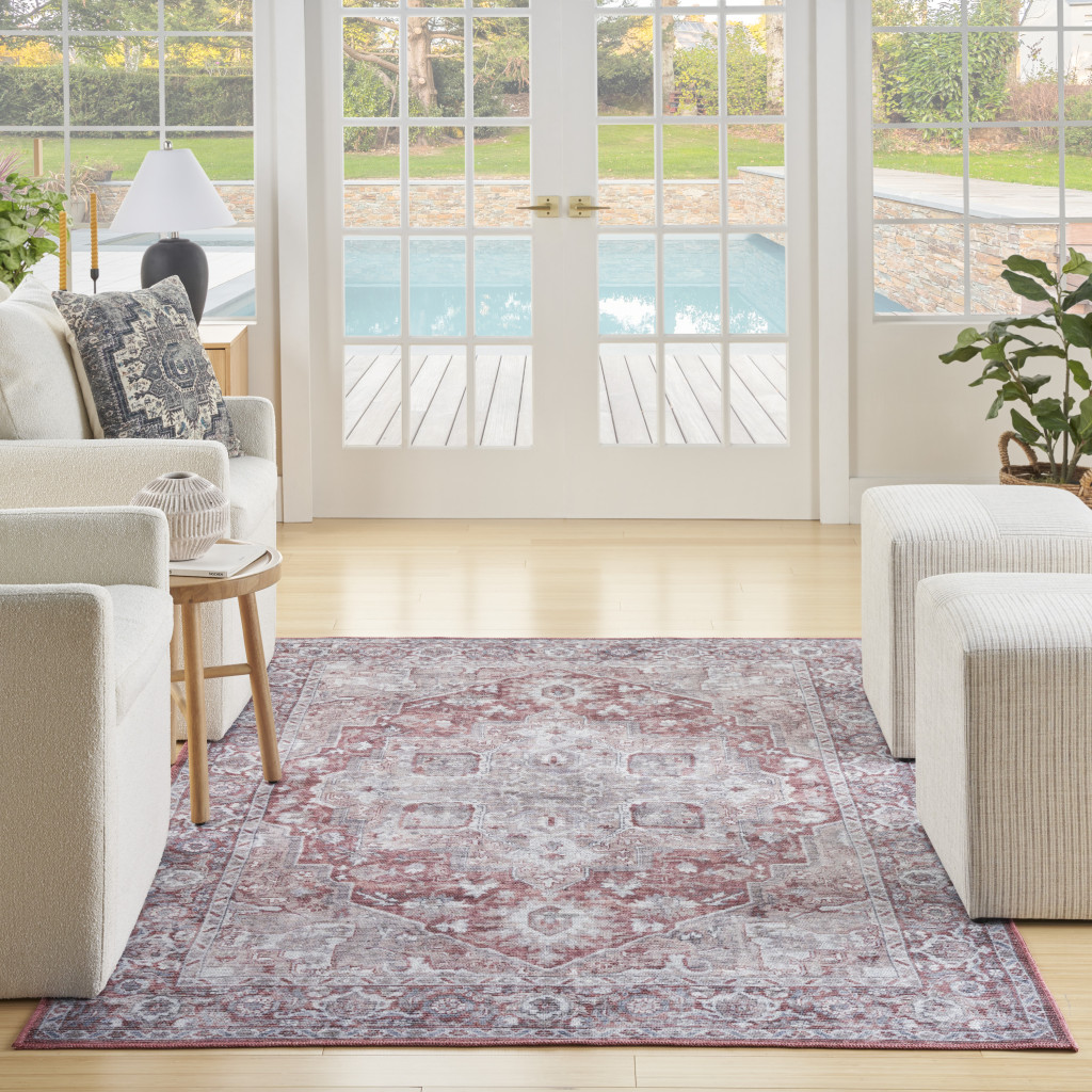 8" X 10" Blue And Pink Floral Power Loom Distressed Washable Area Rug