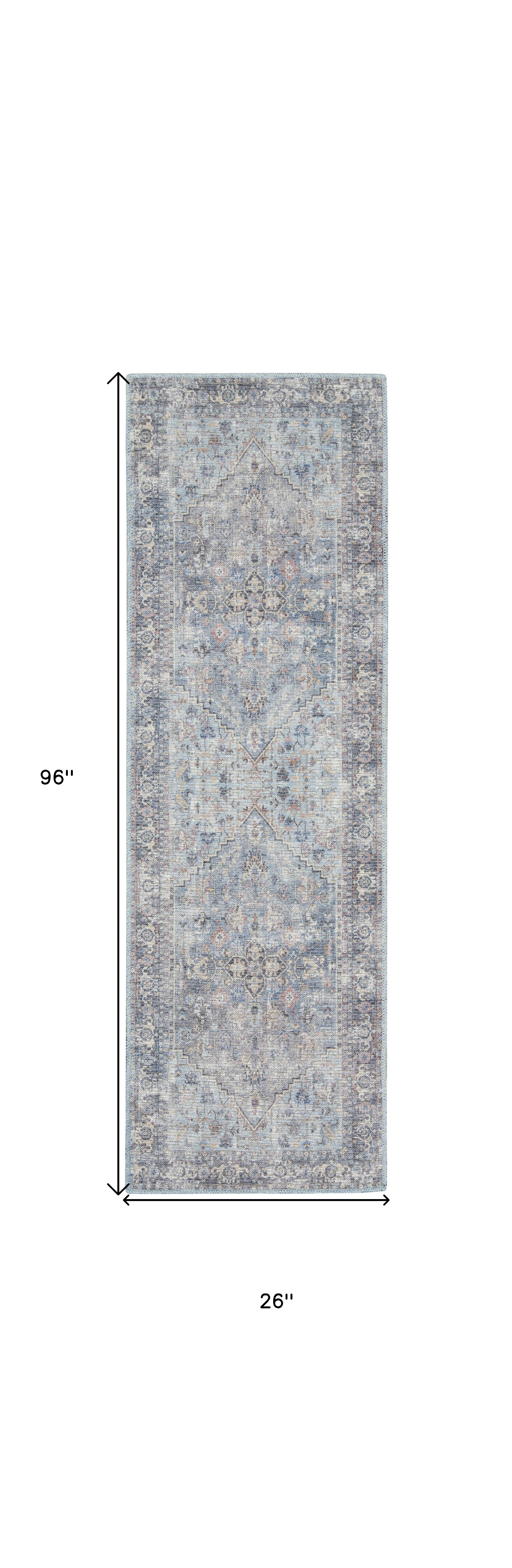 8" Gray Floral Power Loom Distressed Washable Runner Rug
