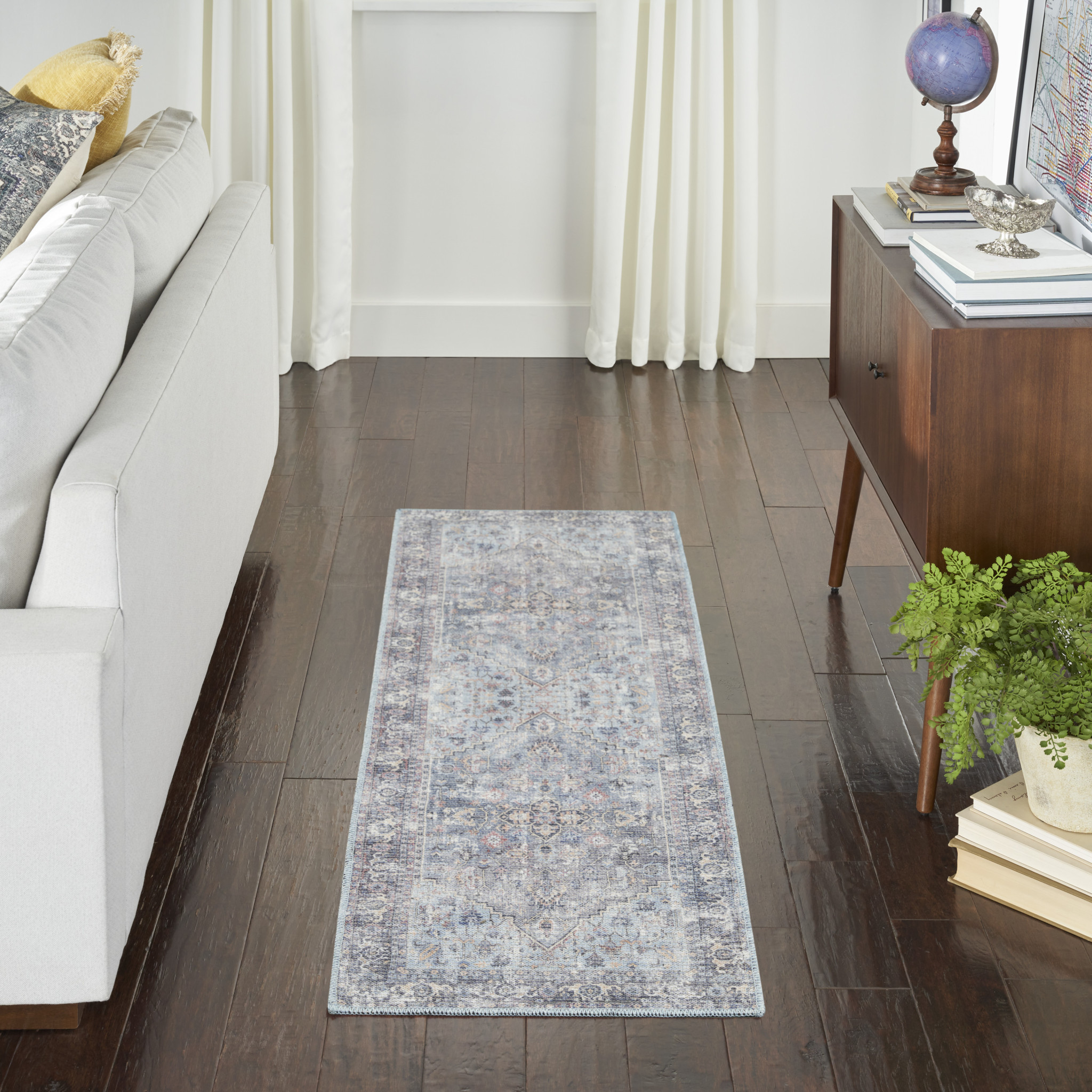 10" Gray Floral Power Loom Distressed Washable Runner Rug