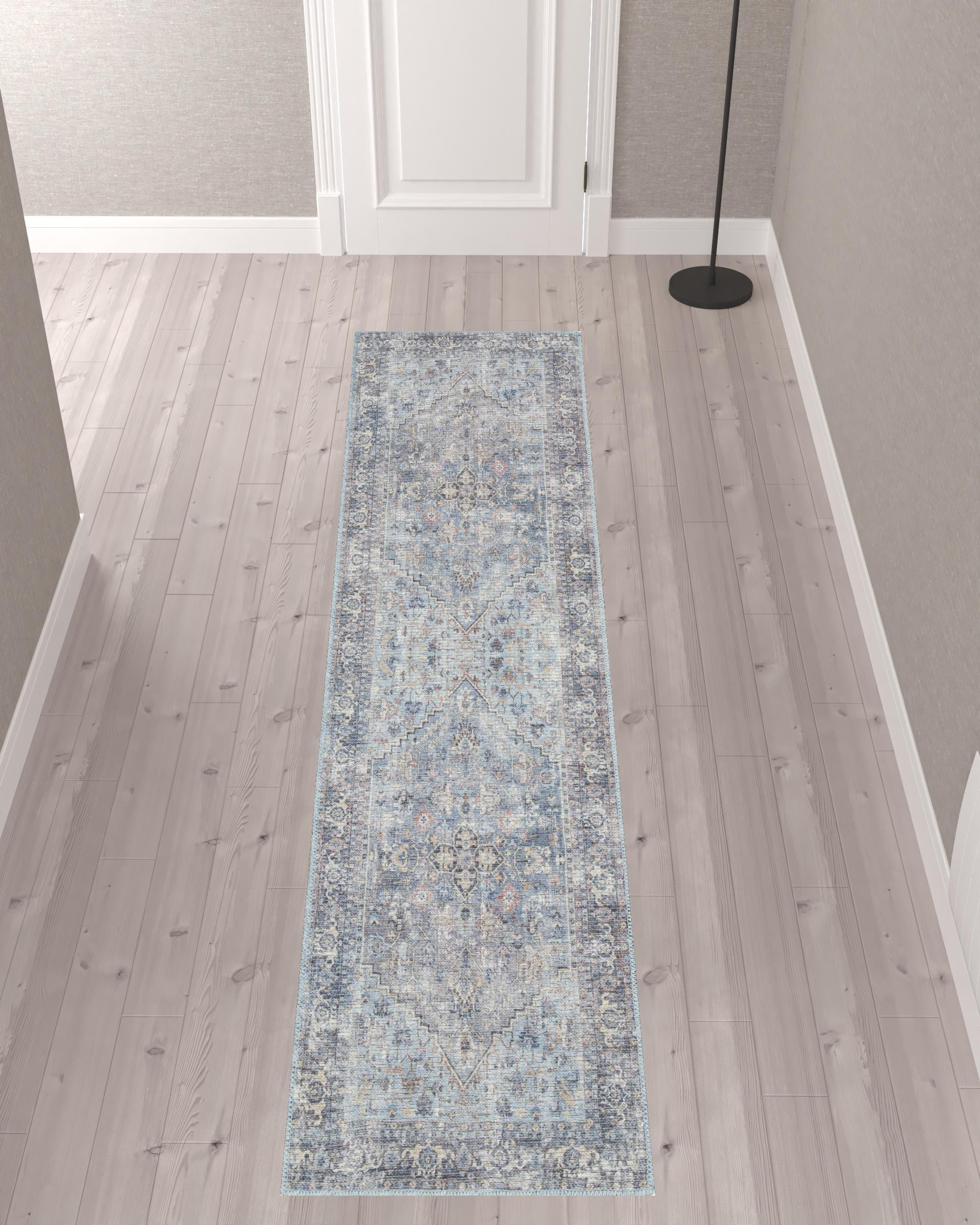 10" Gray Floral Power Loom Distressed Washable Runner Rug