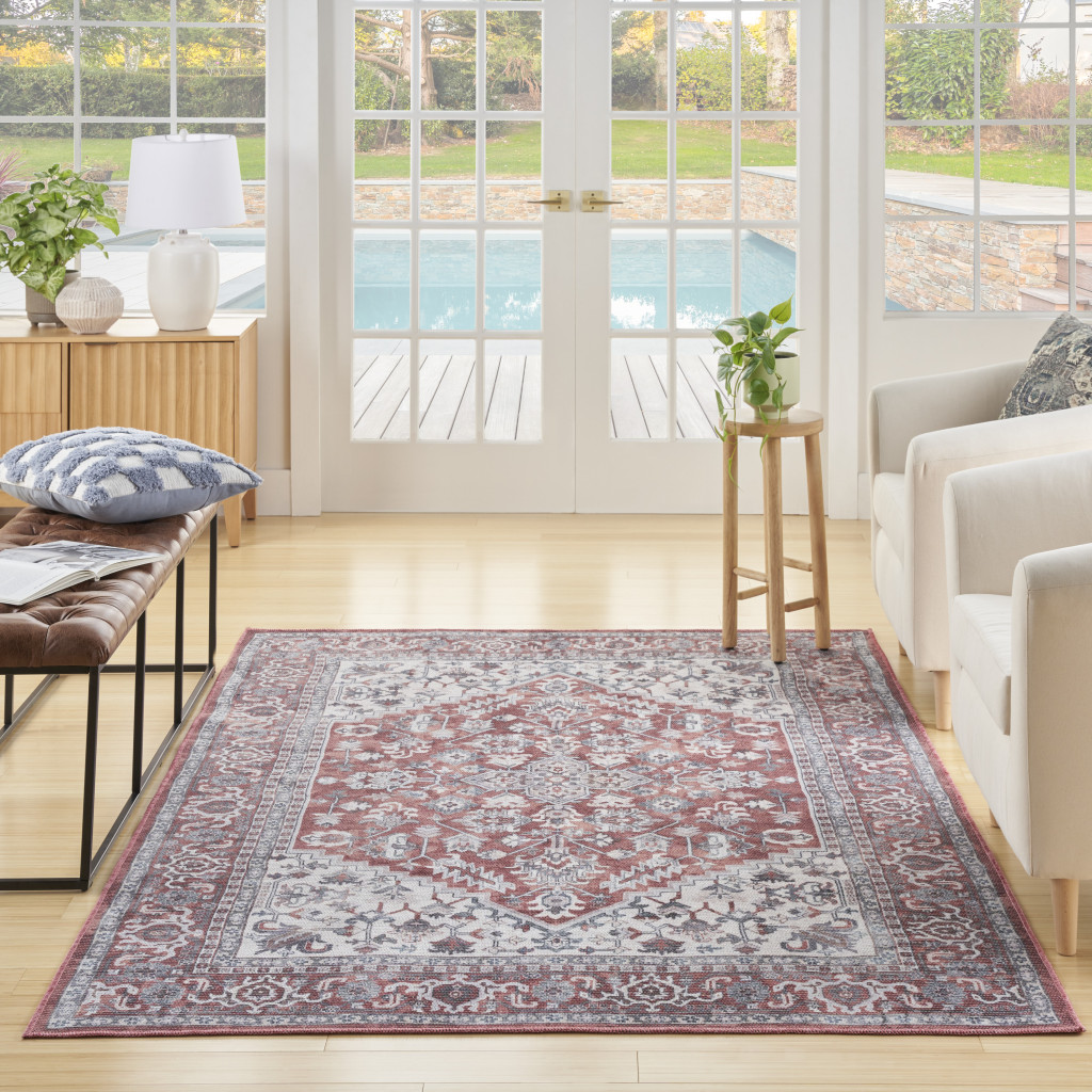 5" X 7" Gray Floral Power Loom Distressed Washable Area Rug
