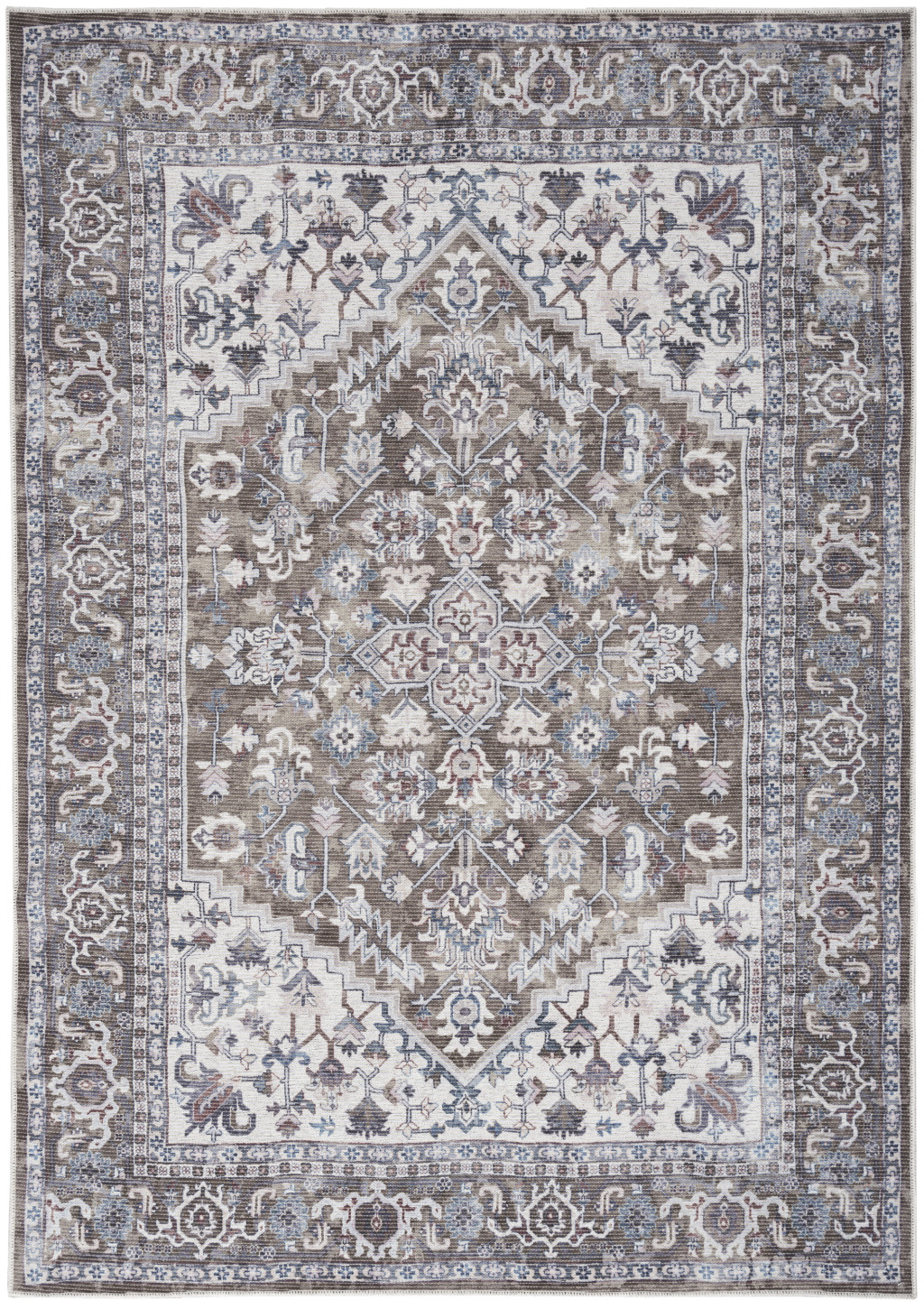 8" X 10" Gray Ivory and Blue Floral Distressed Washable Area Rug