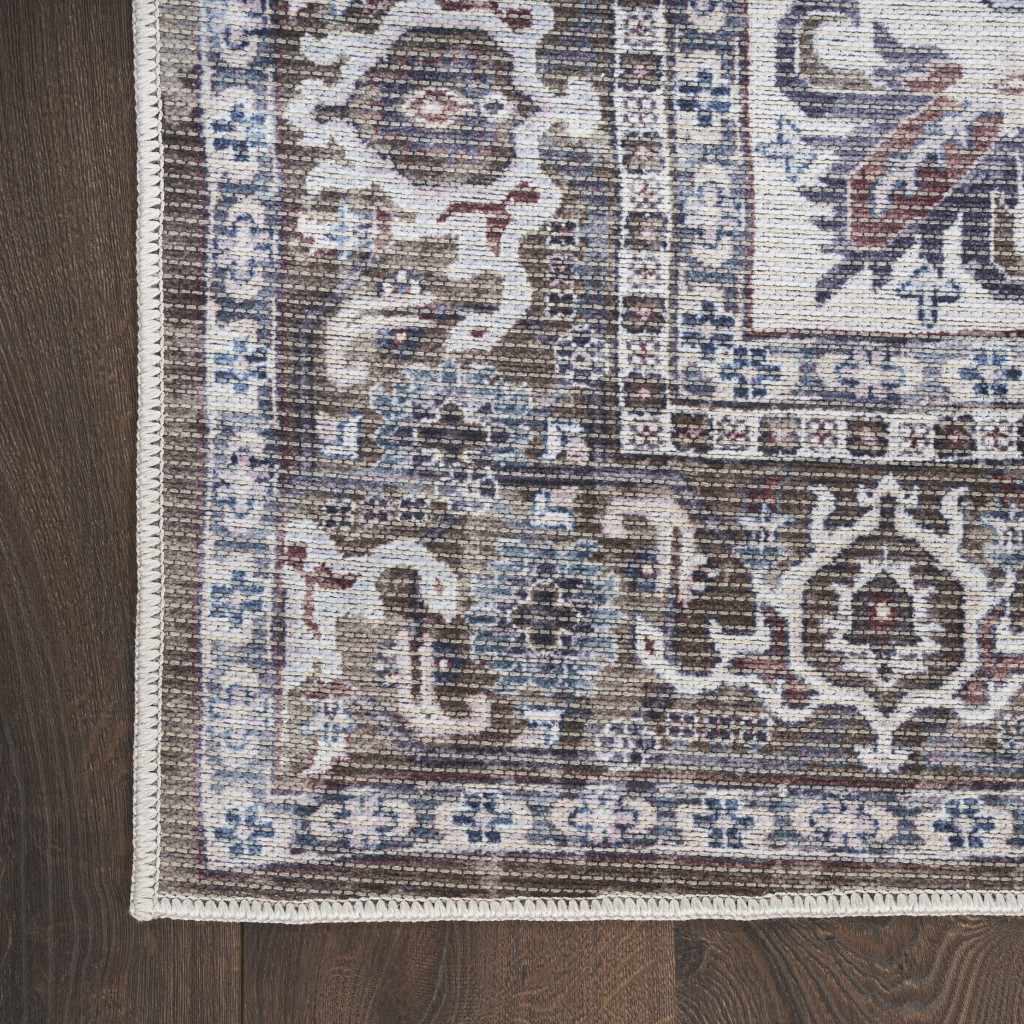 8" X 10" Gray Ivory and Blue Floral Distressed Washable Area Rug