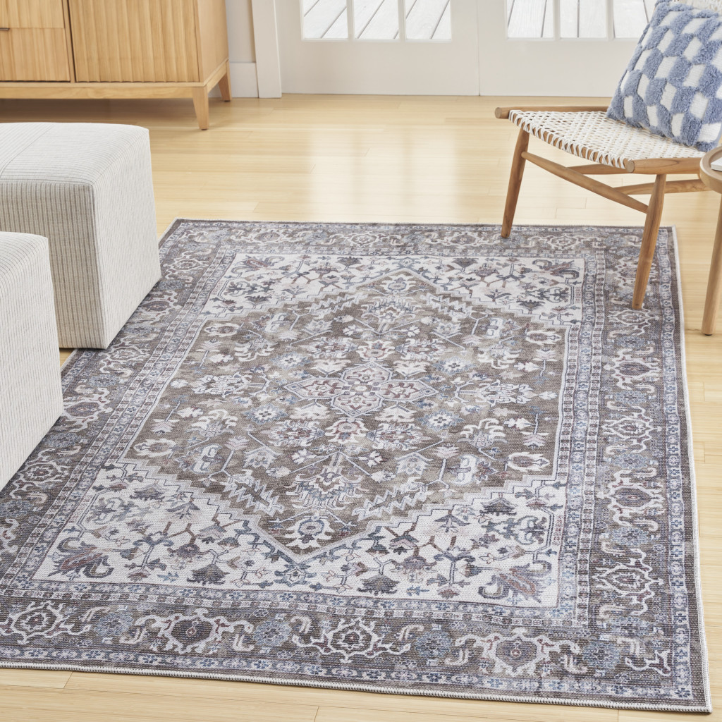 8" X 10" Gray Ivory and Blue Floral Distressed Washable Area Rug