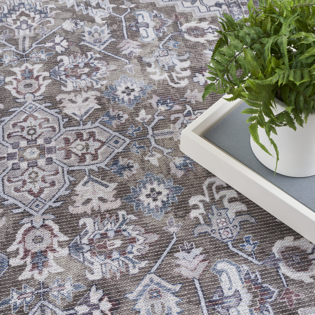 8" X 10" Gray Ivory and Blue Floral Distressed Washable Area Rug