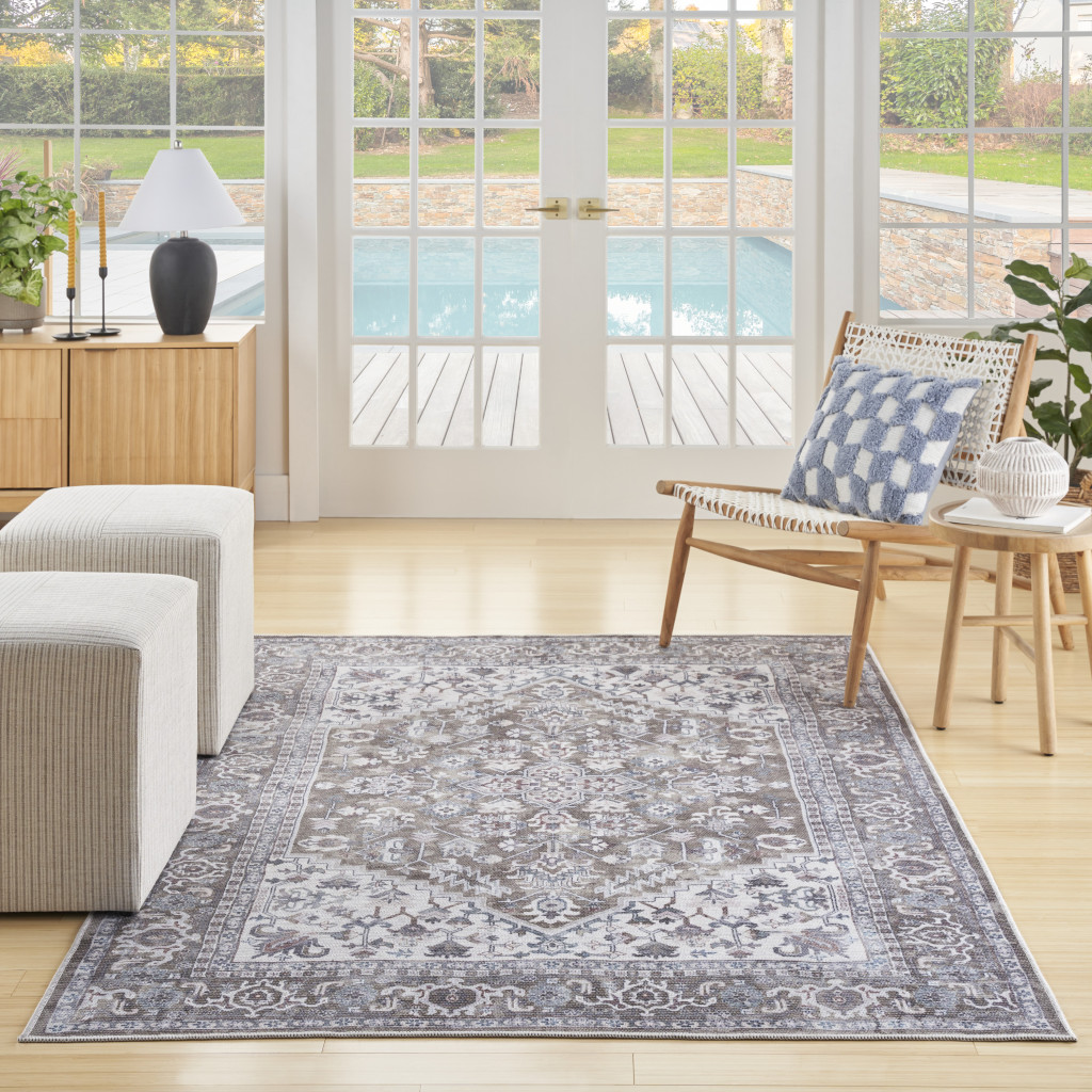 8" X 10" Gray Ivory and Blue Floral Distressed Washable Area Rug