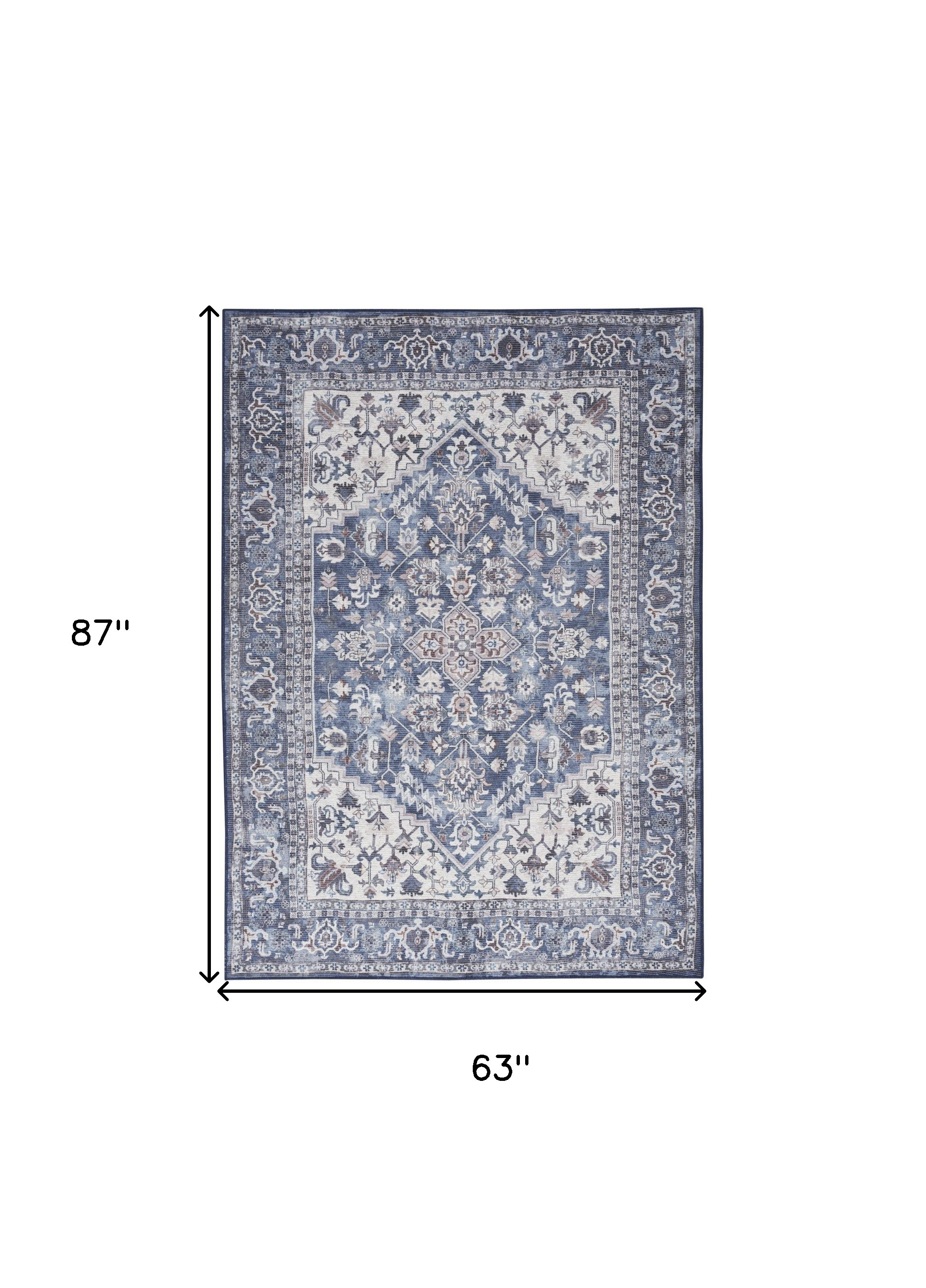 5" X 7" Gray Ivory and Blue Floral Power Loom Distressed Washable Area Rug