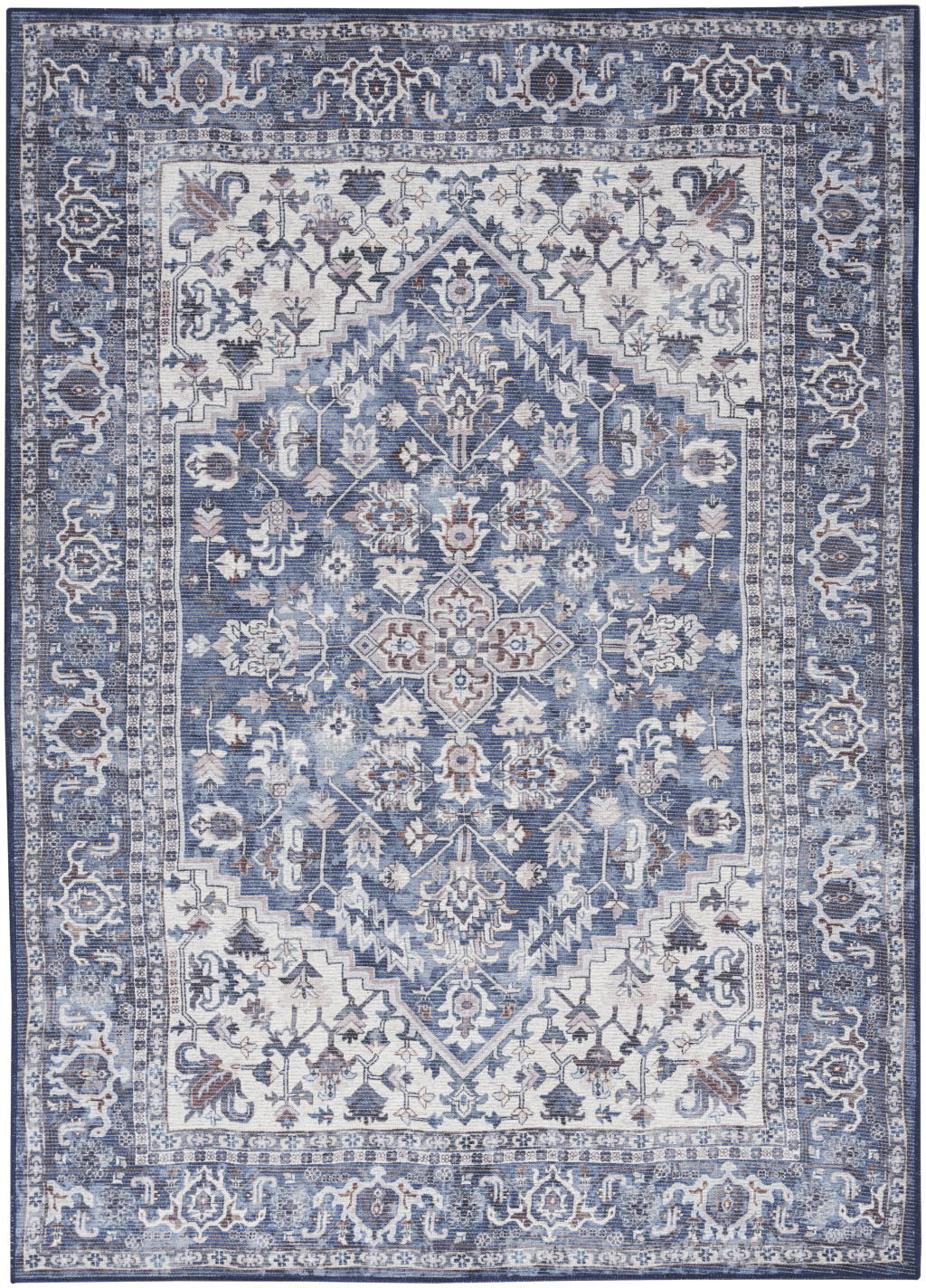 8" X 10" Gray Ivory and Blue Floral Distressed Washable Area Rug