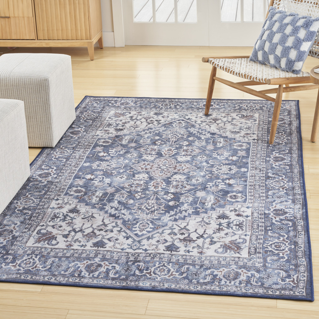 8" X 10" Gray Ivory and Blue Floral Distressed Washable Area Rug