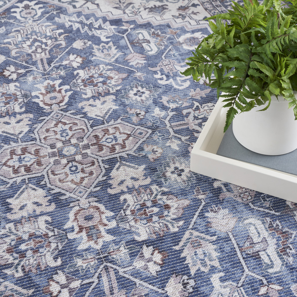 8" X 10" Gray Ivory and Blue Floral Distressed Washable Area Rug