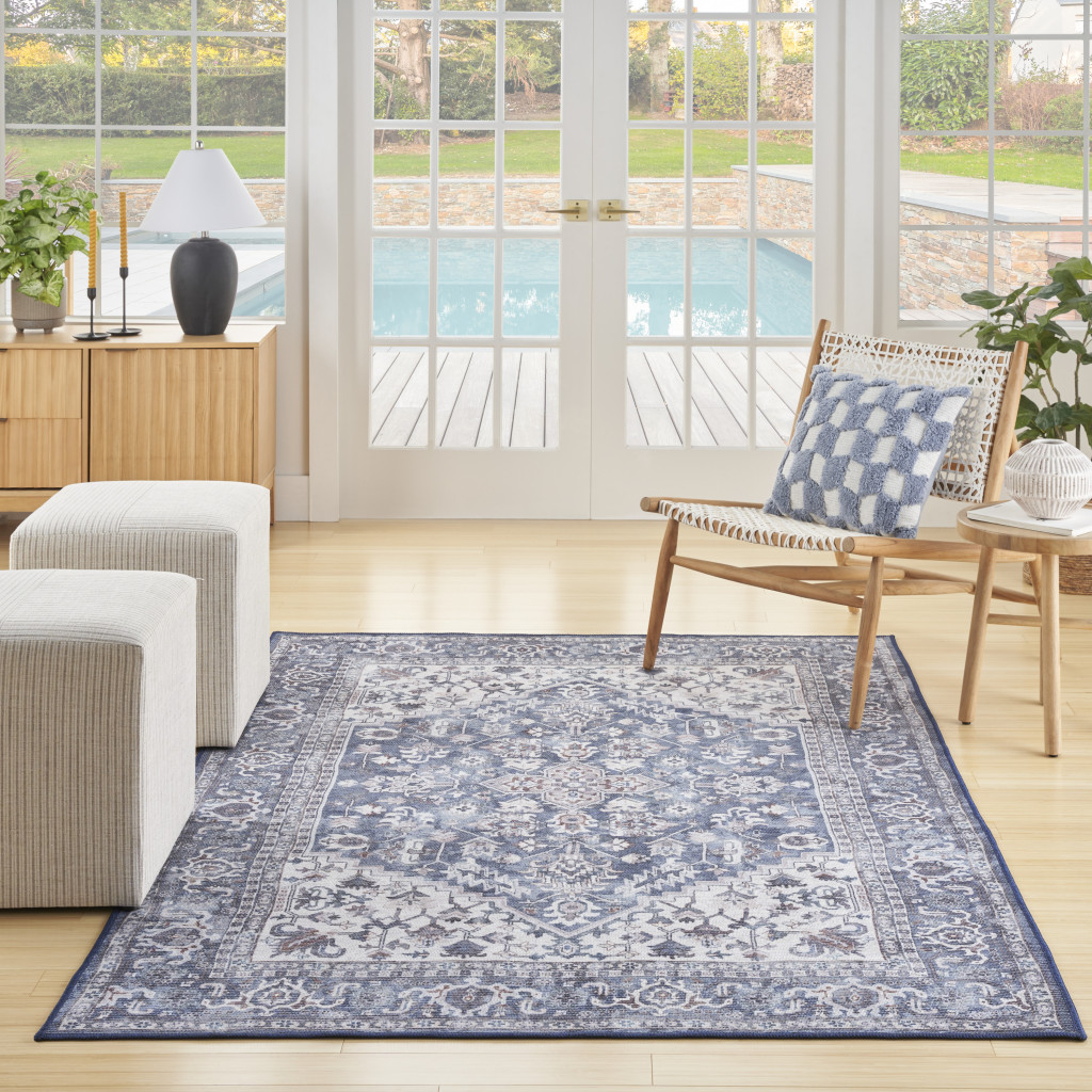 8" X 10" Gray Ivory and Blue Floral Distressed Washable Area Rug