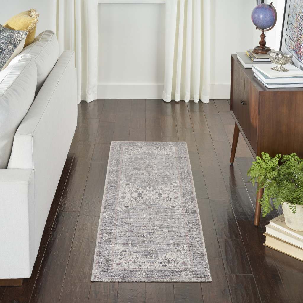 10" Gray Floral Power Loom Distressed Washable Runner Rug