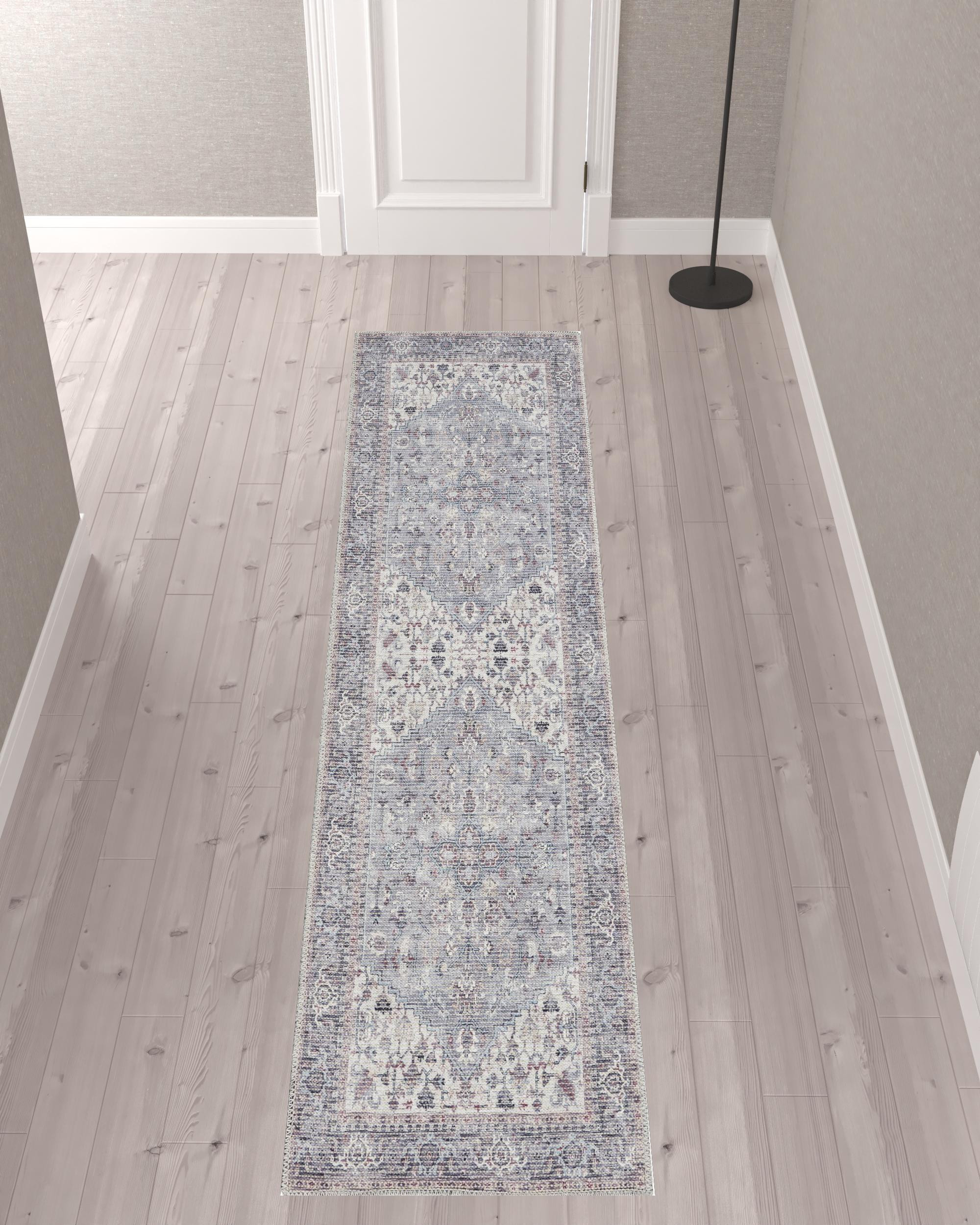 10" Gray Floral Power Loom Distressed Washable Runner Rug