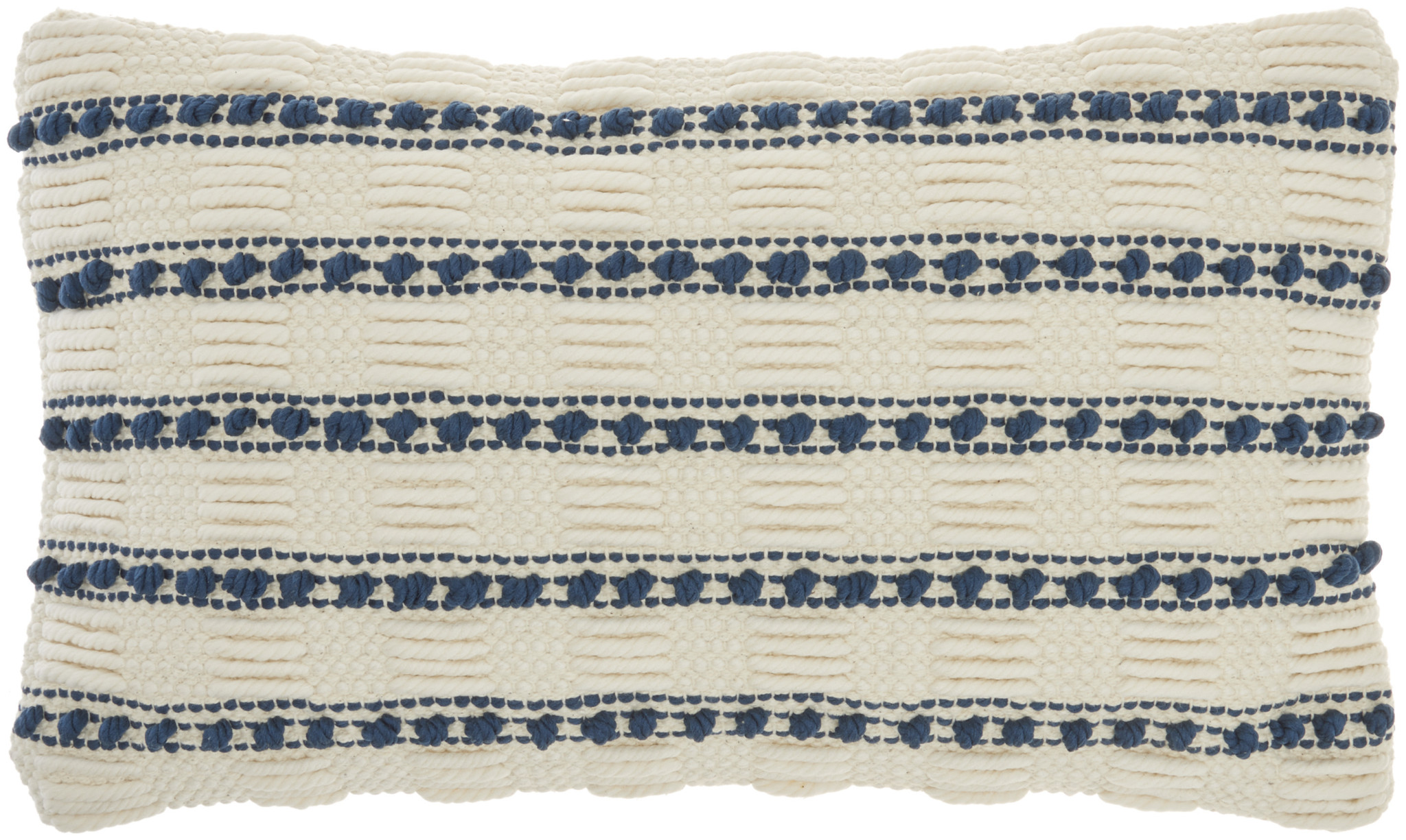 12" X 20" Ivory and Blue Striped Cotton Blend Throw Pillow With Texture