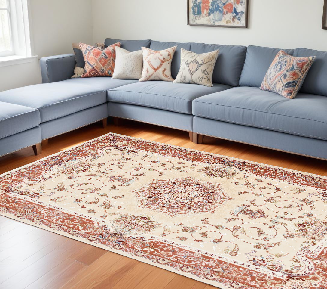 10' X 13' Red and Ivory Oriental Washable Non Skid Area Rug-528841-1