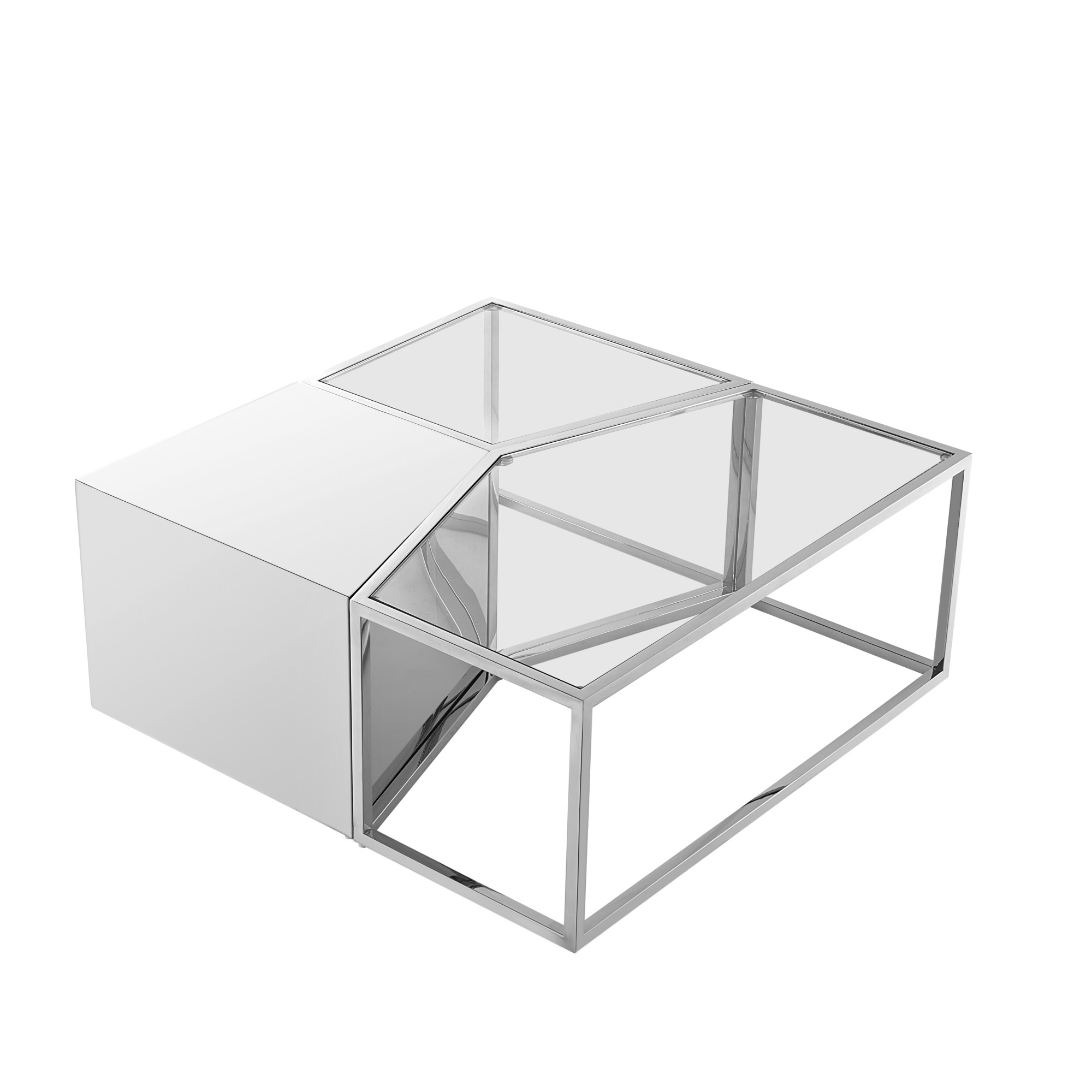 Set of Three 37" Clear And Silver Glass And Stainless Steel Mirrored Bunching Coffee Tables-528846-1