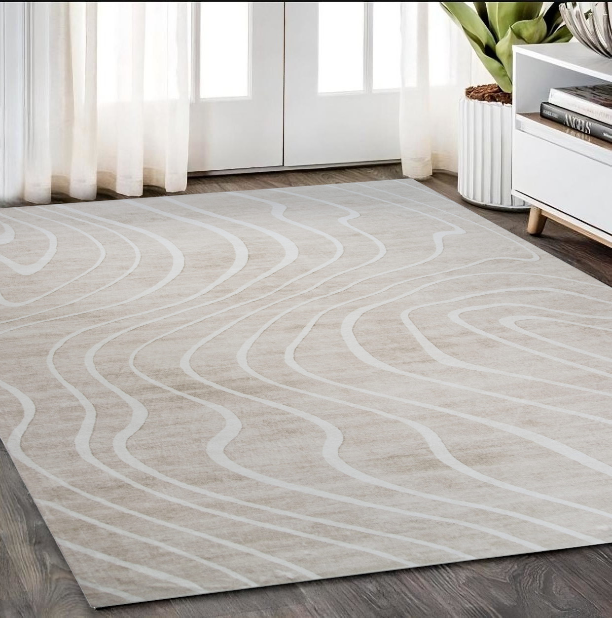 5" X 8" Beige and Ivory Abstract Distressed Area Rug