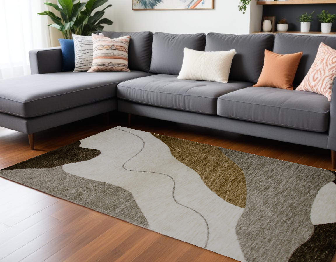 7" X 10" Beige and Green Abstract Distressed Area Rug