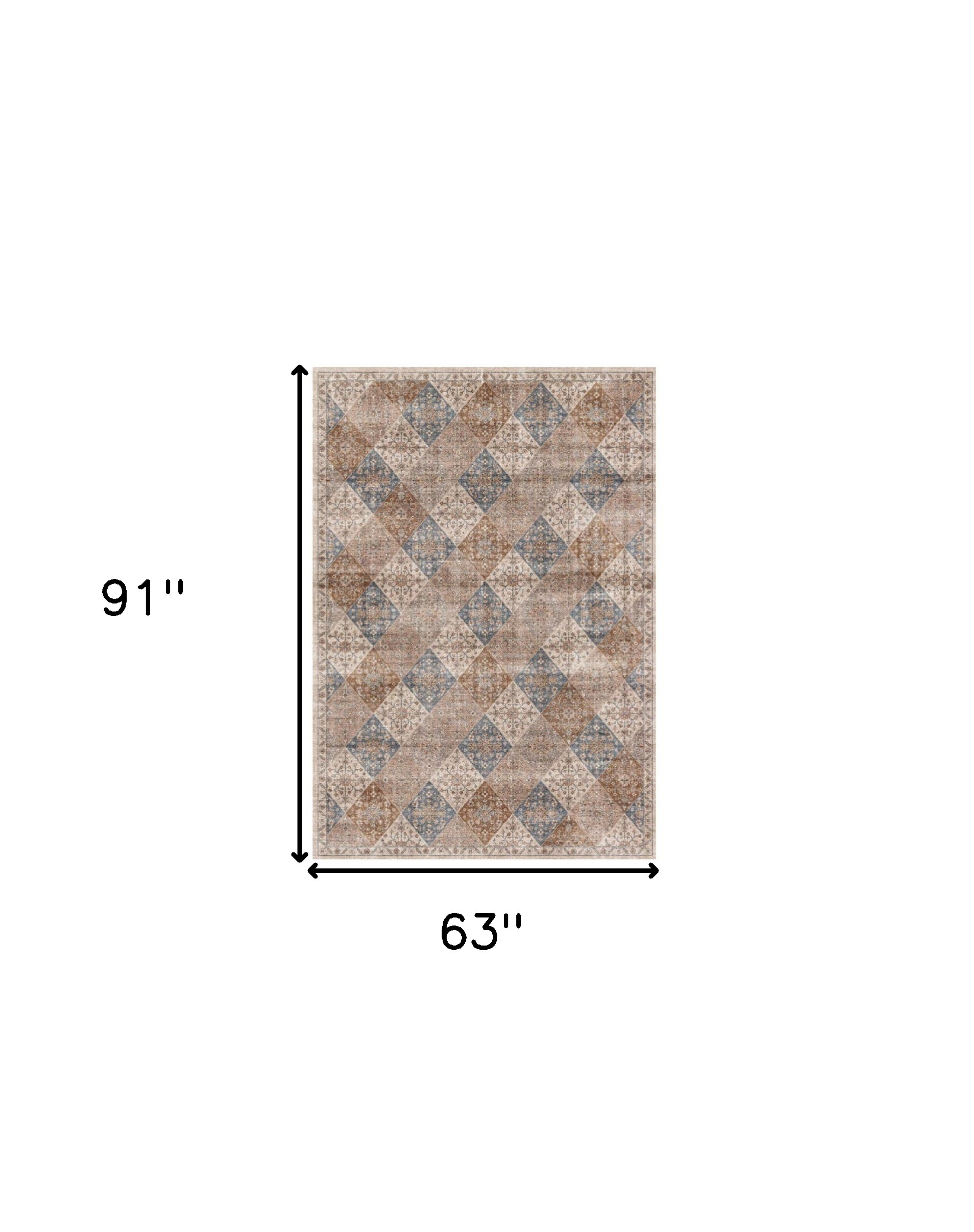 5" X 8" Brown and Blue Floral Distressed Area Rug