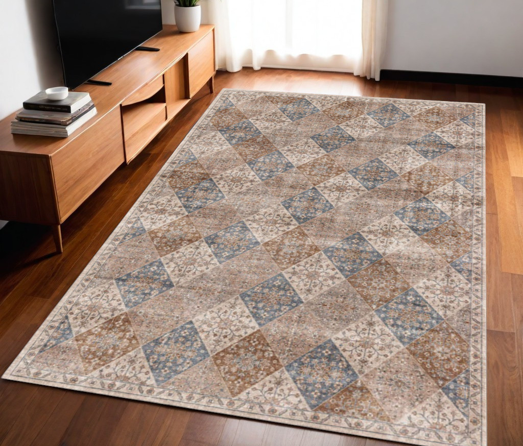 5" X 8" Brown and Blue Floral Distressed Area Rug