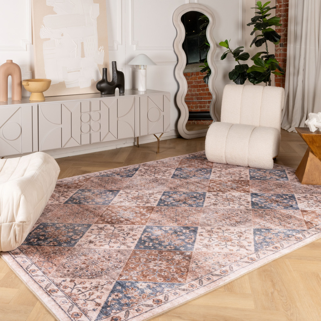 5" X 8" Brown and Blue Floral Distressed Area Rug