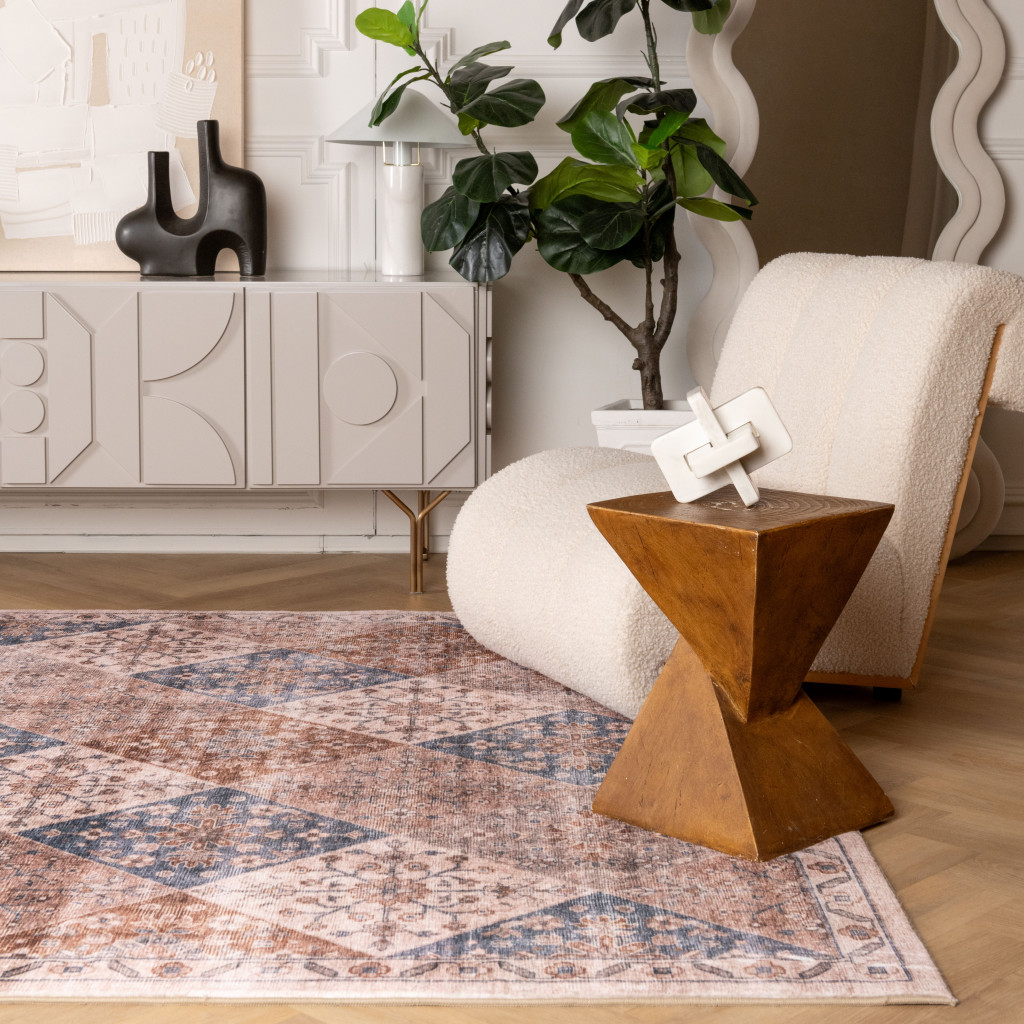 5" X 8" Brown and Blue Floral Distressed Area Rug