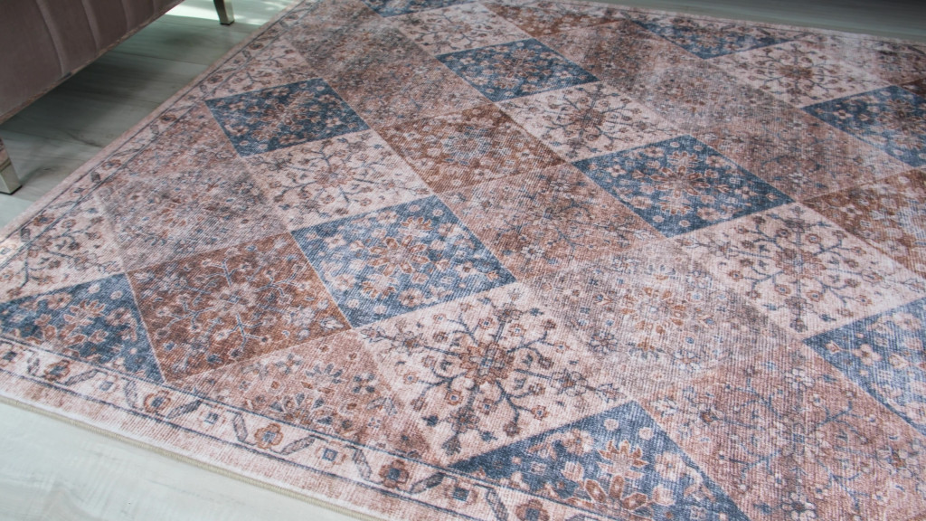 5" X 8" Brown and Blue Floral Distressed Area Rug