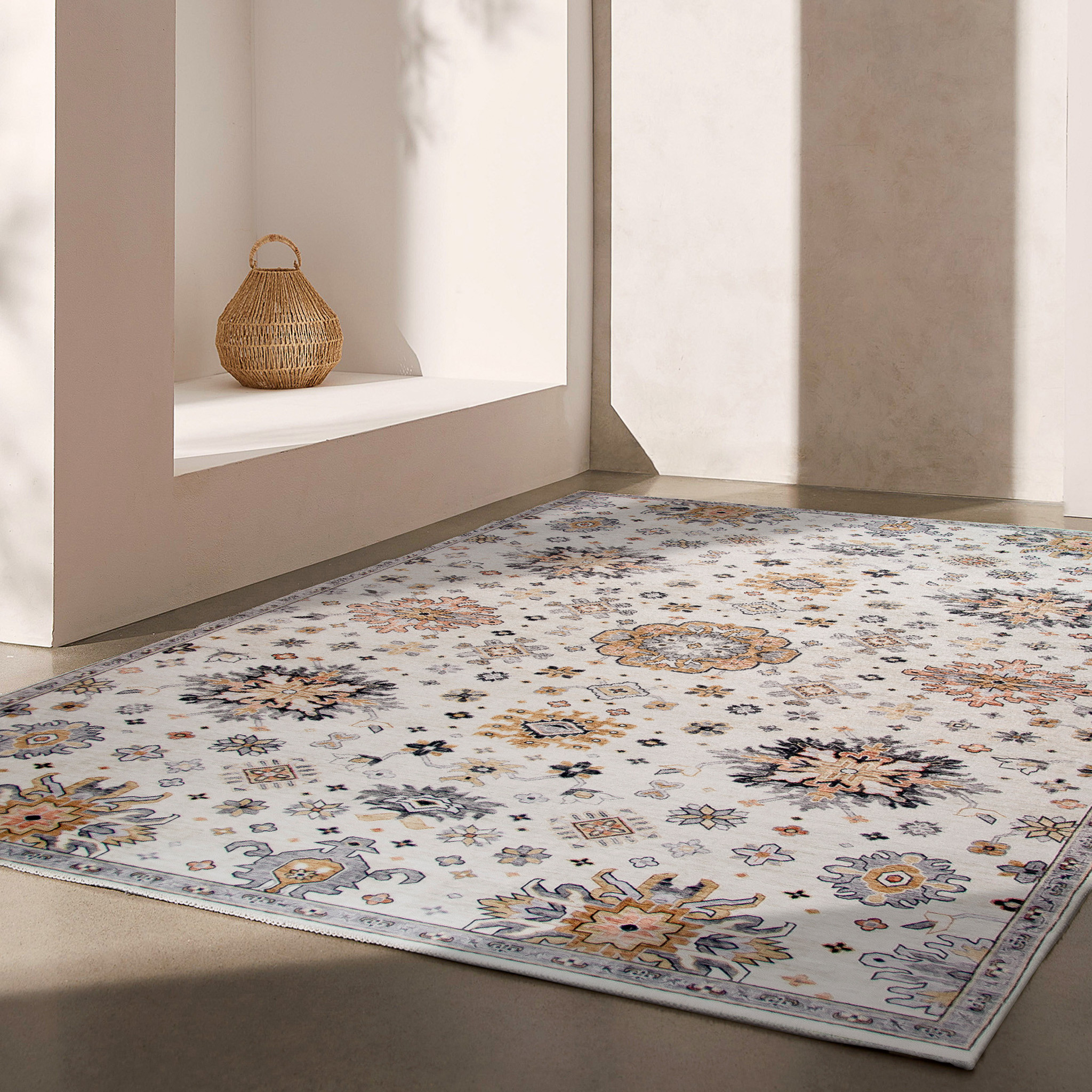 5" X 8" Gray and Gold Floral Area Rug