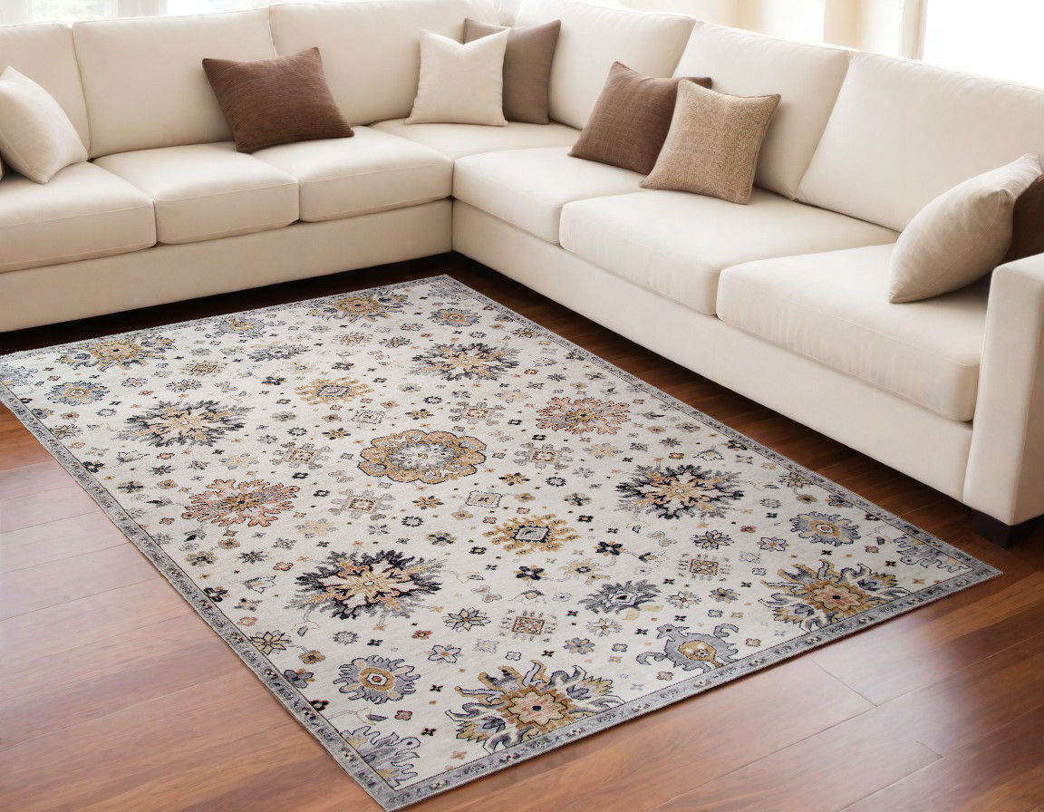 5" X 8" Gray and Gold Floral Area Rug
