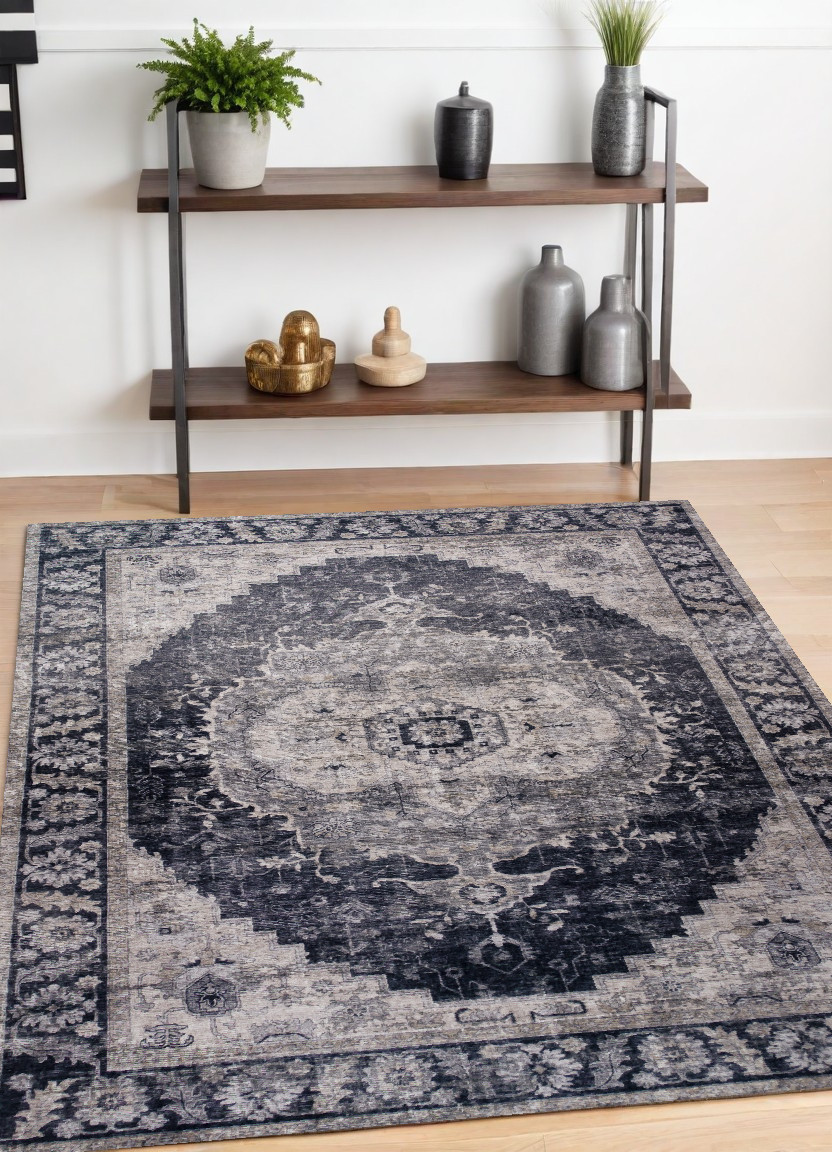 4" X 6" Black and Gray Oriental Area Rug