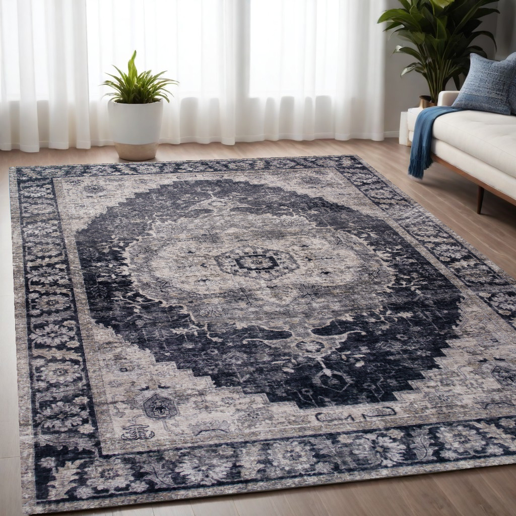 5" X 8" Black and Gray Oriental Area Rug