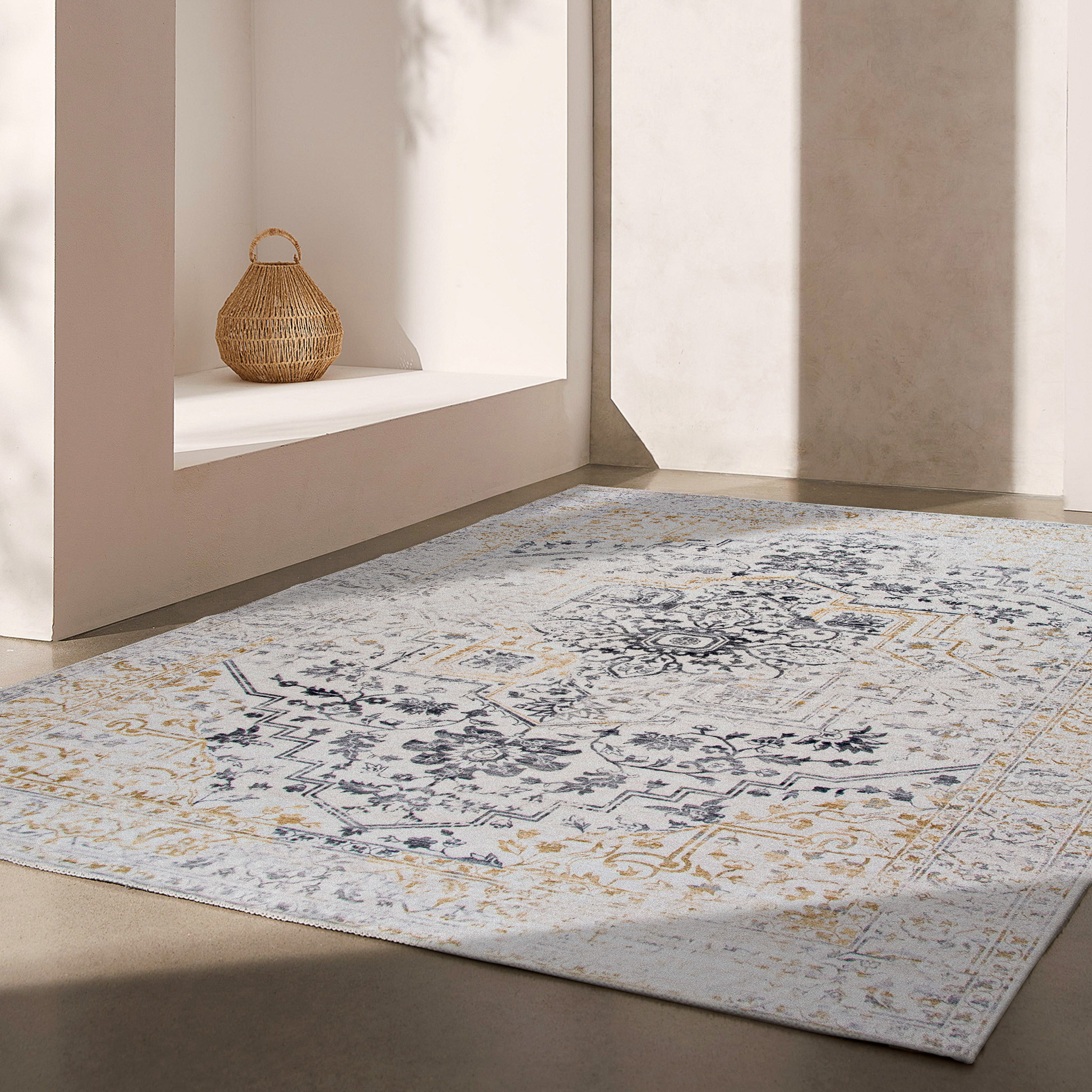 5" X 8" Gray and Gold Oriental Area Rug