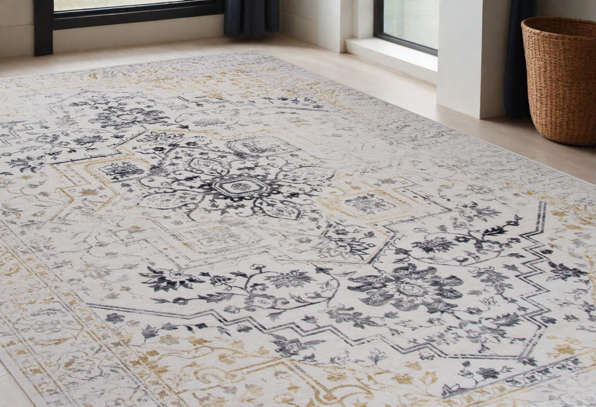 5" X 8" Gray and Gold Oriental Area Rug