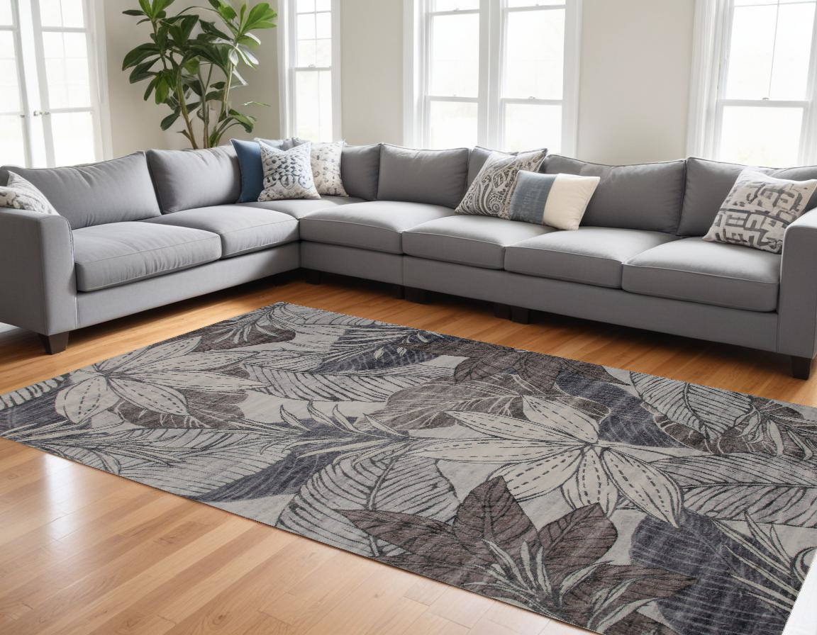 7" X 10" Gray and Brown Floral Distressed Area Rug
