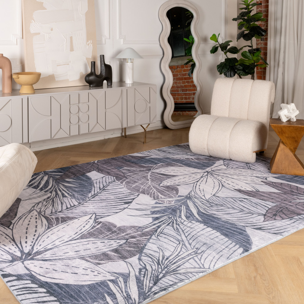 7" X 10" Gray and Brown Floral Distressed Area Rug