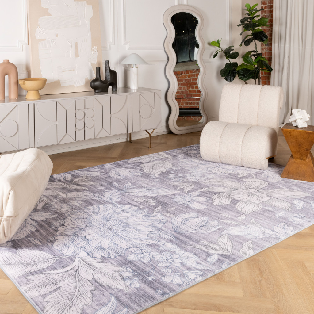 5" X 8" Gray and Beige Floral Area Rug